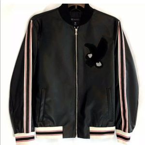 INC Leather Bomber Jacket Black Side Stripes XL